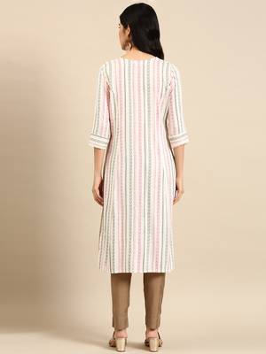 Showoff women's calf length round neck white woven design straight kurta 5
