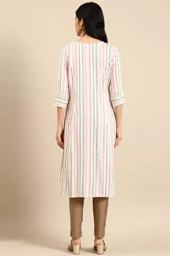Showoff women's calf length round neck white woven design straight kurta