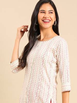 women's calf length round neck off white geometric straight kurta 2
