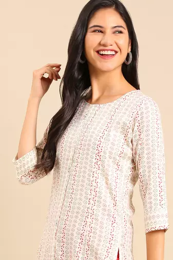 women's calf length round neck off white geometric straight kurta