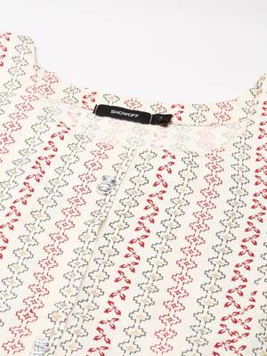 women's calf length round neck off white geometric straight kurta 3