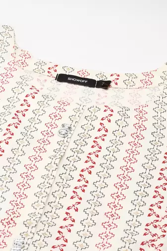 women's calf length round neck off white geometric straight kurta