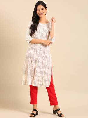 women's calf length round neck off white geometric straight kurta 1