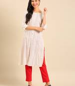 women's calf length round neck off white geometric straight kurta