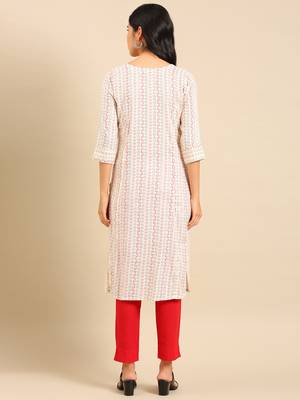 women's calf length round neck off white geometric straight kurta 5