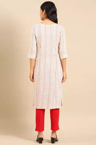 women's calf length round neck off white geometric straight kurta
