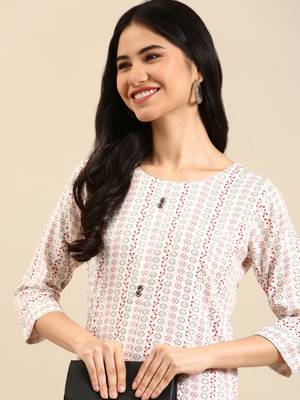 women's calf length round neck white woven design straight kurta 2