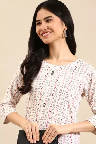 women's calf length round neck white woven design straight kurta