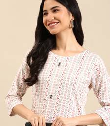 women's calf length round neck white woven design straight kurta