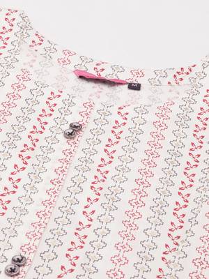 women's calf length round neck white woven design straight kurta 3