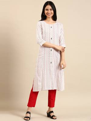 women's calf length round neck white woven design straight kurta 1