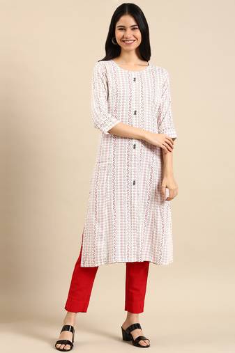 women's calf length round neck white woven design straight kurta
