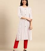 women's calf length round neck white woven design straight kurta