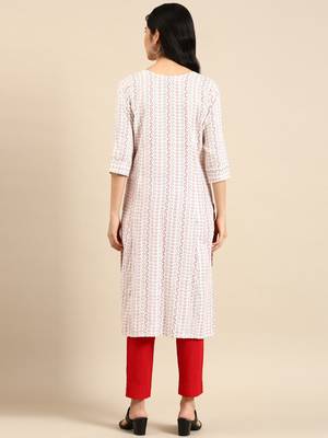 women's calf length round neck white woven design straight kurta 5