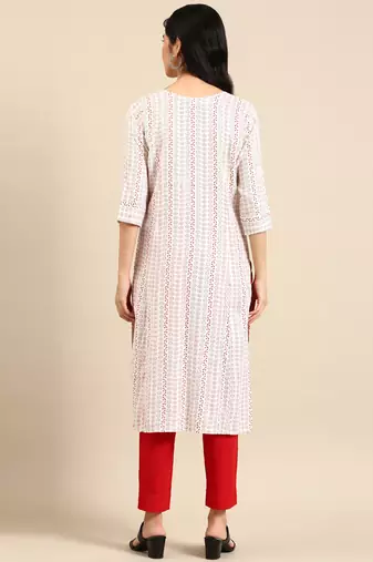 women's calf length round neck white woven design straight kurta