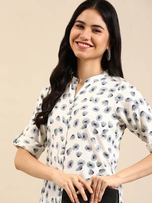 women's calf length mandarin collar off white abstract straight kurta 2