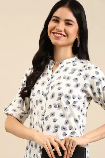 women's calf length mandarin collar off white abstract straight kurta
