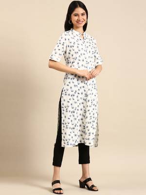 women's calf length mandarin collar off white abstract straight kurta 1