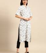 women's calf length mandarin collar off white abstract straight kurta