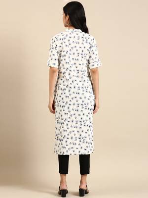 women's calf length mandarin collar off white abstract straight kurta 5