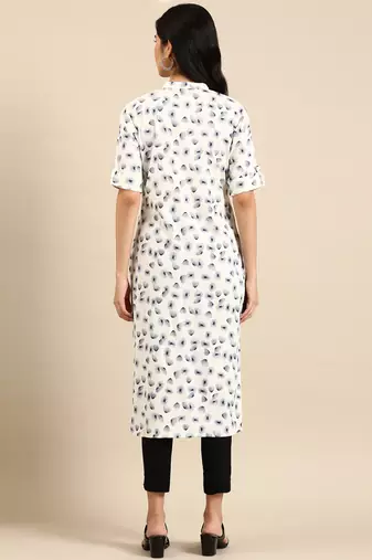 women's calf length mandarin collar off white abstract straight kurta