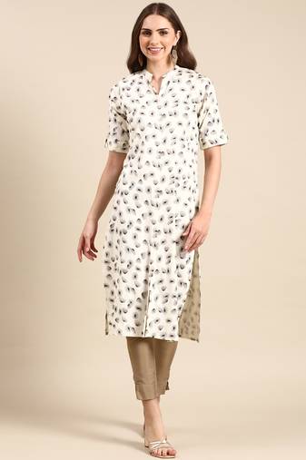 Showoff women's knee length mandarin collar off white geometric straight kurta