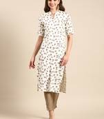 Showoff women's knee length mandarin collar off white geometric straight kurta