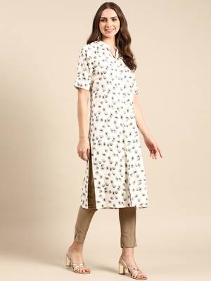 Showoff women's knee length mandarin collar off white geometric straight kurta 5