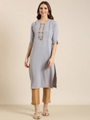women's calf length round neck grey solid straight kurta 3