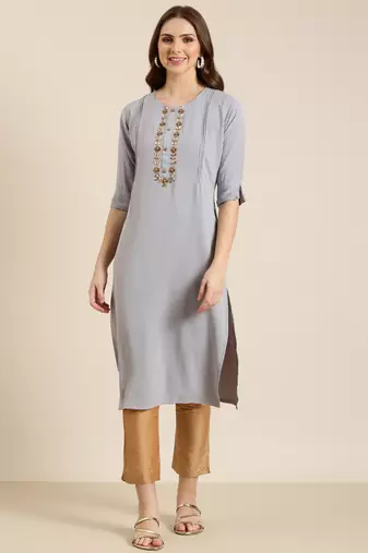 women's calf length round neck grey solid straight kurta