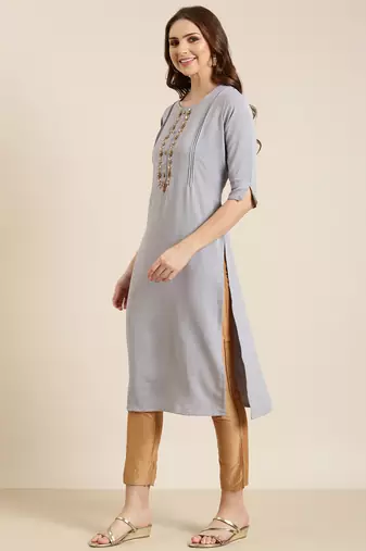 women's calf length round neck grey solid straight kurta