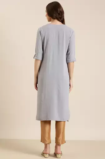 women's calf length round neck grey solid straight kurta