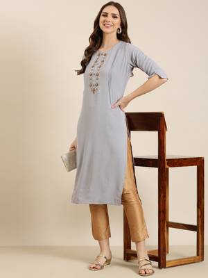 women's calf length round neck grey solid straight kurta 1