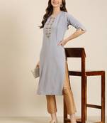 women's calf length round neck grey solid straight kurta