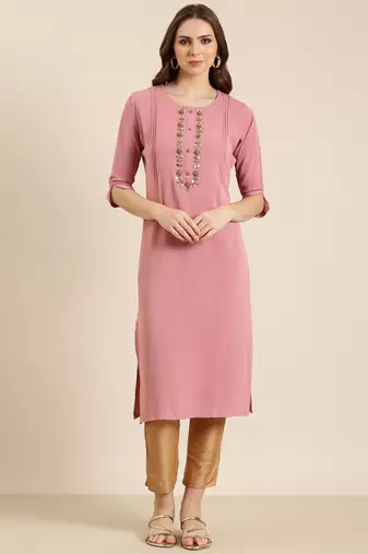 women's calf length round neck pink solid straight kurta