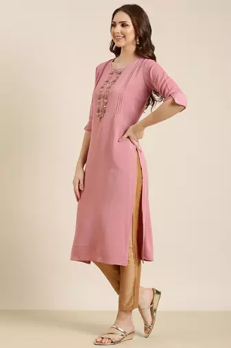 women's calf length round neck pink solid straight kurta