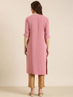 women's calf length round neck pink solid straight kurta 5