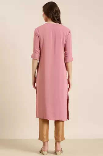 women's calf length round neck pink solid straight kurta