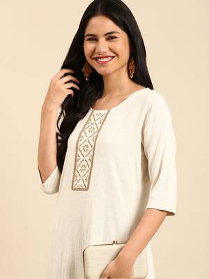 women's calf length round neck off white woven design straight kurta 2