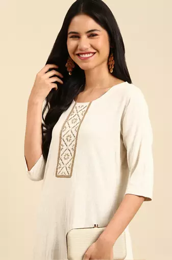 women's calf length round neck off white woven design straight kurta
