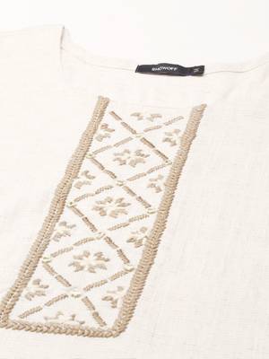 women's calf length round neck off white woven design straight kurta 3