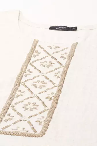 women's calf length round neck off white woven design straight kurta