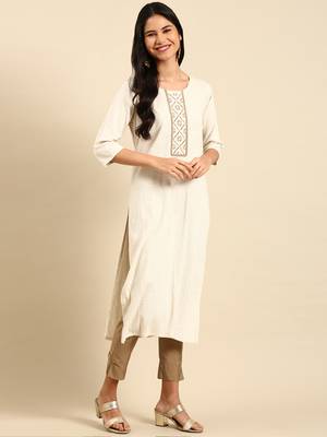 women's calf length round neck off white woven design straight kurta 4