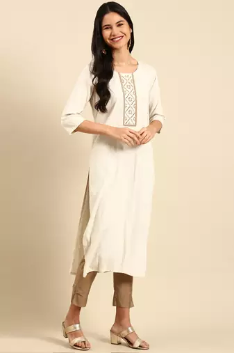 women's calf length round neck off white woven design straight kurta