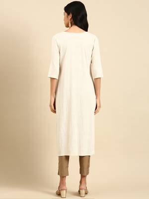 women's calf length round neck off white woven design straight kurta 5