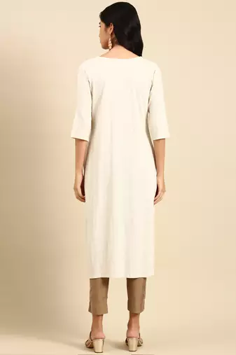 women's calf length round neck off white woven design straight kurta