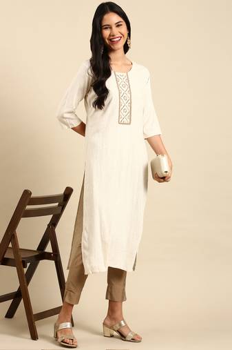women's calf length round neck off white woven design straight kurta