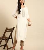 women's calf length round neck off white woven design straight kurta