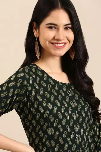 women's calf length round neck green woven design straight kurta