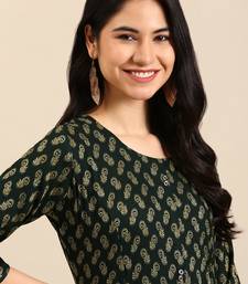 women's calf length round neck green woven design straight kurta